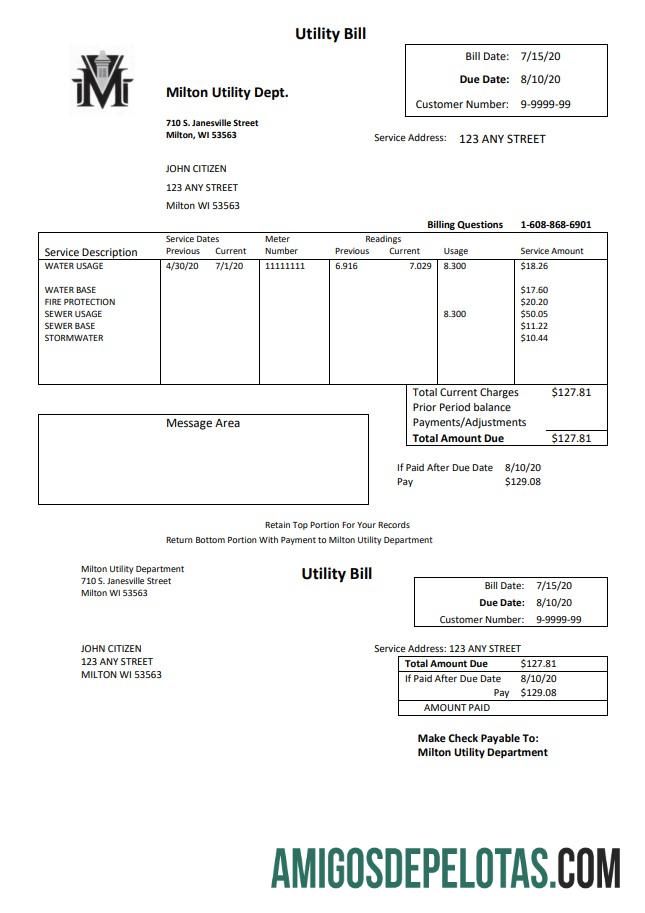 Para baixar modelo de conta de serviços públicos de água do departamento de serviços públicos de Massachusetts Milton dos EUA em formato Word e PDF